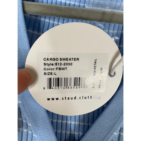 Staud Cargo Sweater Cardigan Ribbed Knit Striped Quiet Luxury French Blue Size L - Picture 9 of 9